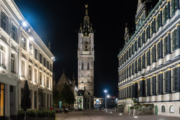 Fototapeta premium Old European Medieval Square and Belfort Tower in Ghent