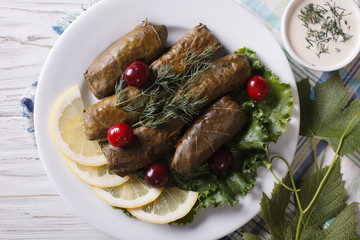 Dolma: grape leaves stuffed with meat close-up, horizontal top view
