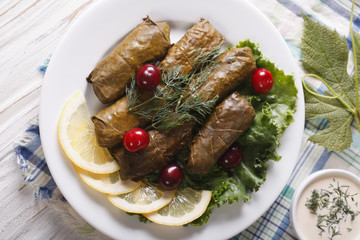 Delicious homemade dolma with lemon on a plate. Horizontal top view
