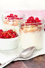 healthy breakfast with yogurt granola and  red currant