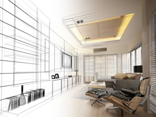 sketch design of living ,3dwire frame render
