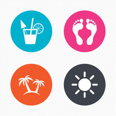 Beach holidays icons. Cocktail, human footprints