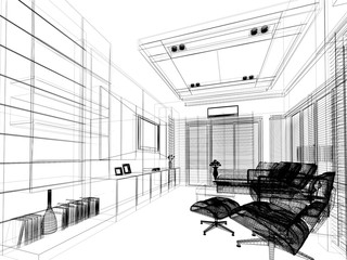 sketch design of living ,3dwire frame render