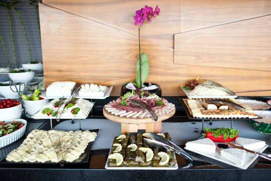 Meats and cheese buffet on hotel breakfast