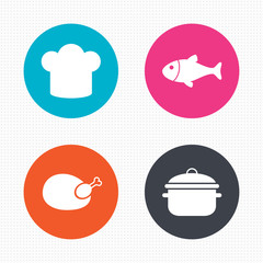 Chief hat, cooking pan icons. Fish and chicken.