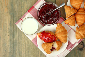 Breakfast, croissants with jam and milk