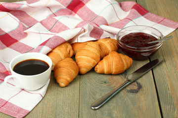 Breakfast, croissants with jam and coffee