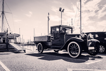 Front view of classic car. Old style. Black and white.