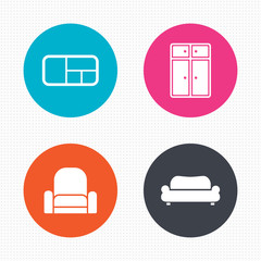 Furniture icons. Sofa, cupboard, and book shelf.