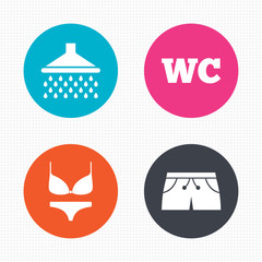 Swimming pool icons. Shower and swimwear signs.