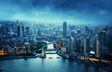 skyline of Shanghai at sunset, China