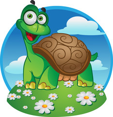 Smiling fun vector tortoise on a color background