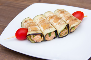 Eggplant rolls stuffed with wood seen up close