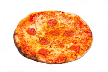Round pizza with salami on white background