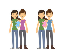 Cute cartoon gay couple holding a baby and smiling, isolated on white background. Two variants: with baby boy and girl.