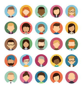 Set of diverse round avatars without facial features isolated on white background. Different nationalities, clothes and hair styles. Cute and simple flat cartoon style.