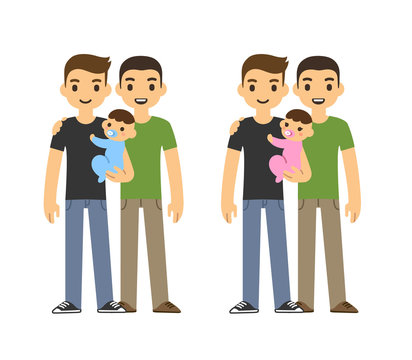 Cute cartoon gay couple holding a baby and smiling, isolated on white background. Two variants: with baby boy and girl.
