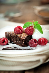 Chocolate cake with raspberry and mint