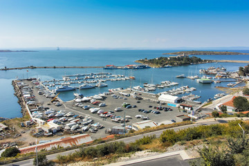 Fototapeta na wymiar Panoramic view of port and boots, Sozopol, Bulgaria