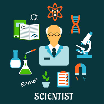 Scientist with research and science flat icons