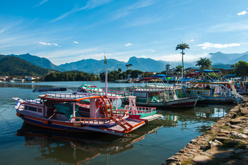 Boats anchored in Paraty, Rio de Janeiro, Brazil