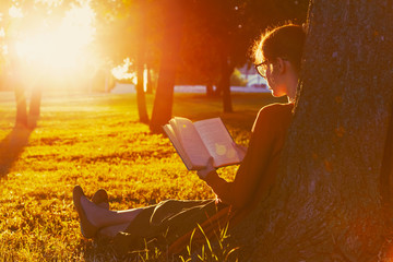 girl reading book at park in summer sunset light - 86478759