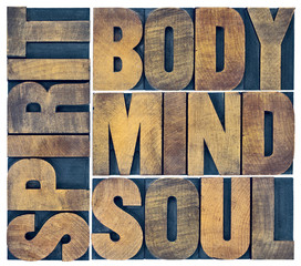 body, mind, soul and spirit in wood type