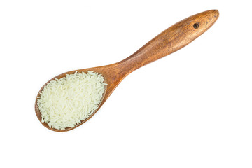 Thai jasmine rice in wooden spoon isolated on white