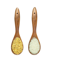 Thai jasmine rice in wooden spoon isolated on white
