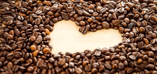 Roasted coffee beans heart shape