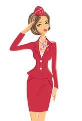 Illustration of attractive young flight attendant in red uniform saluting greetings