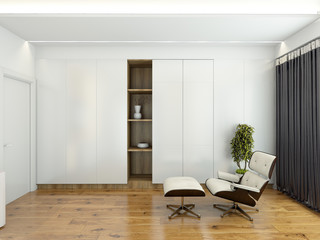 Fototapeta premium Modern interior with a chair and a wardrobe 3D rendering