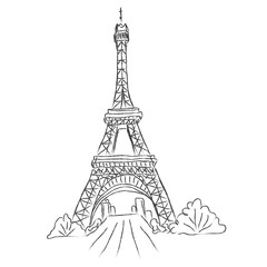 Fototapeta na wymiar Eiffel, tower, Paris, France, sketch, white background, vector