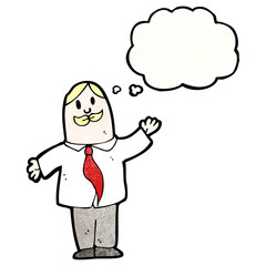 cartoon businessman waving with thought bubble