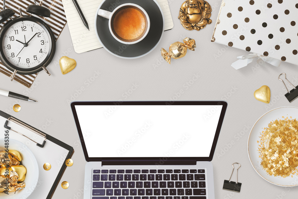 Wall mural website header design with laptop computer and feminine glamour business objects
