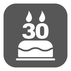The birthday cake with candles in the form of number 30 icon. Birthday symbol. Flat