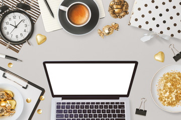 Website header design with laptop computer and feminine glamour business objects