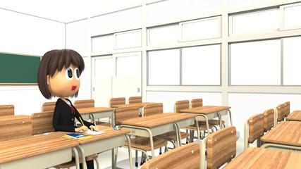 教室で座っている女子学生の3D-CG