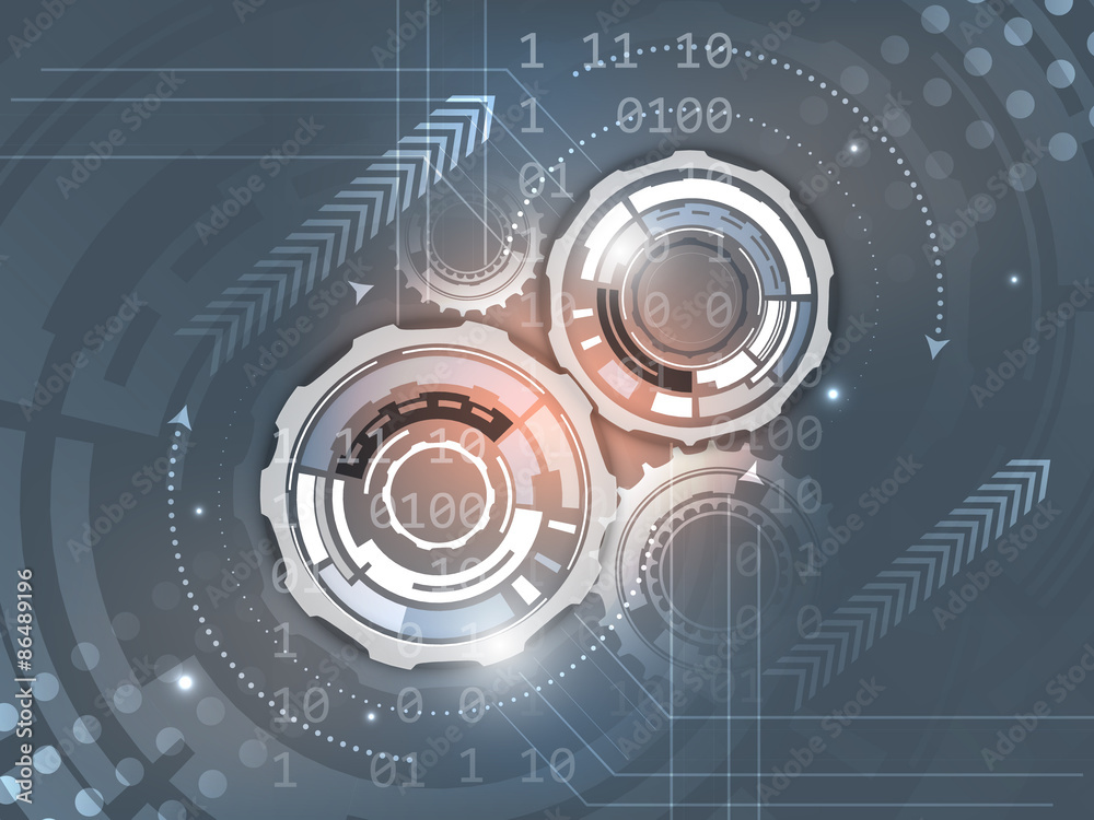 Poster gears on abstract vector background with number scheme and aroows