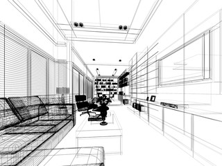 sketch design of living ,3dwire frame render