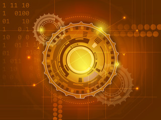 Abstract orange digital technology background with gears, glitter and other elements