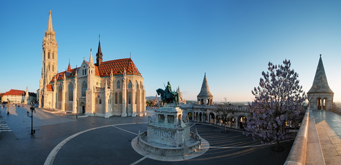 Fishermans Bastion and church in Budapest, Hungary - panorama