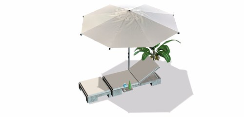 Deck Chair and umbrella isolated on white background