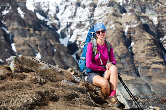 Hiker on the trek in Himalayas, Anapurna valley, Nepal