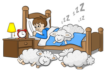 Schafe schlafen auf dem Bett eines schlaflosen Mannes