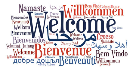 Welcome phrase in different languages. Words cloud concept. Multilingual. - obrazy, fototapety, plakaty