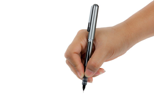 hand holding a pen writing something on white background