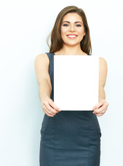 business woman isolated portrait with white blank card.