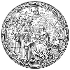 An engraved vintage illustration image of the Nativity of Jesus Christ, from a Victorian book dated 1878 that is no longer in copyright