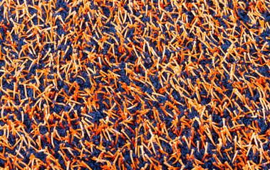 Close up blue and orange carpet on a floor